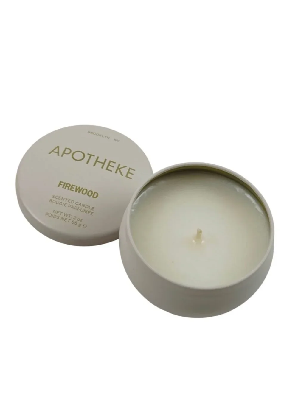 Apotheke Mini Tin Candle Firewood Scent 2oz White Tin 15 Hour Burn Time